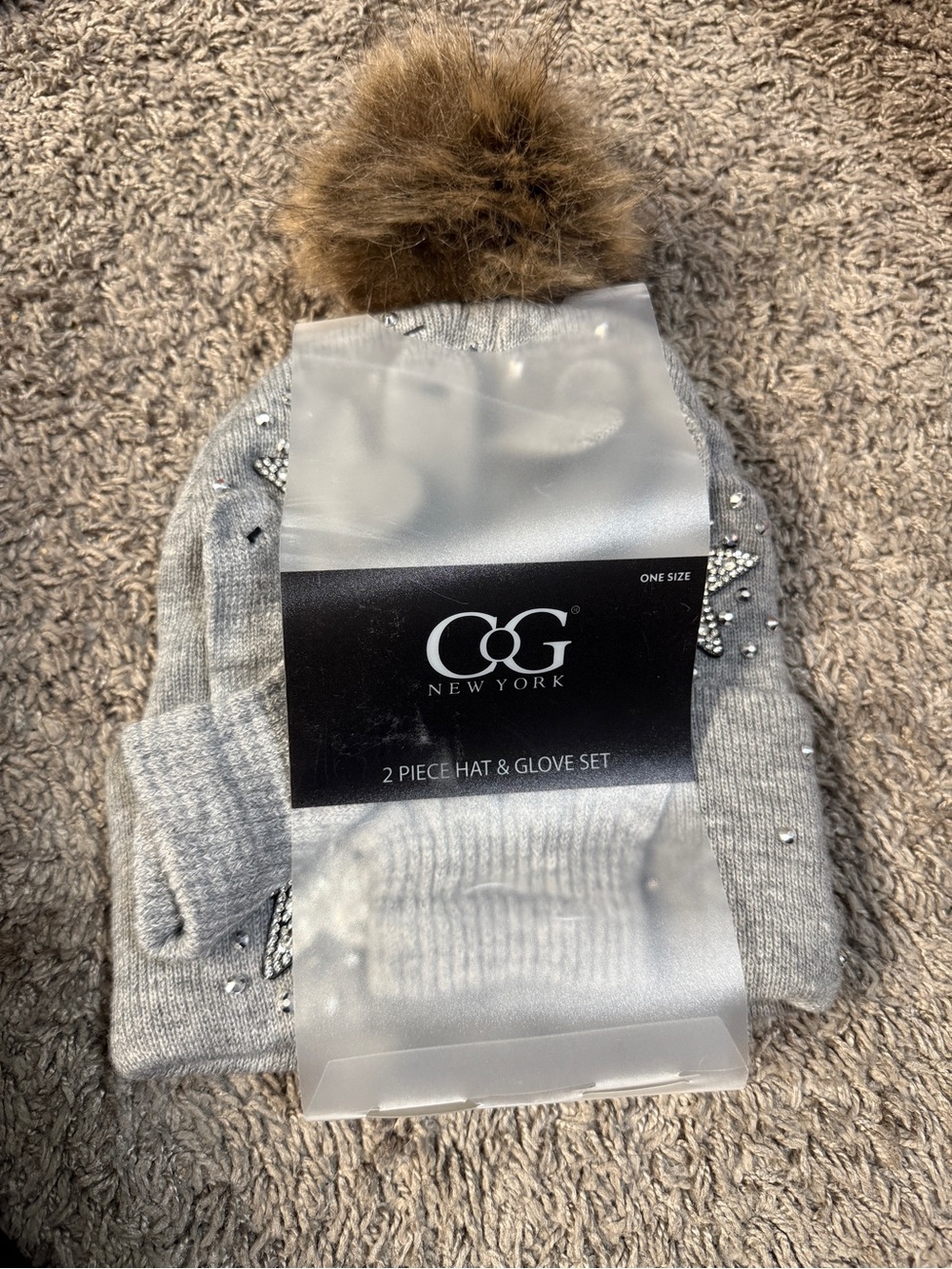 COG New York Grey Knit Hat & Glove Set with Faux Fur Pom and Rhinestones